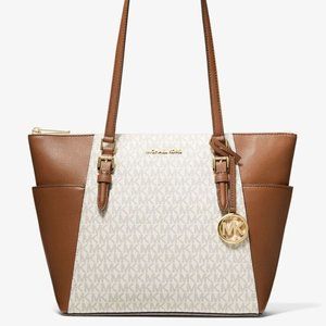 New Michael Kors Charlotte Large Shoulder Tote Signature Coated Canvas Vanilla
